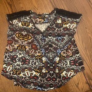 Lucky Brand Boho Crochet Floral Short Sleeve Top Size 2XL Great Colors